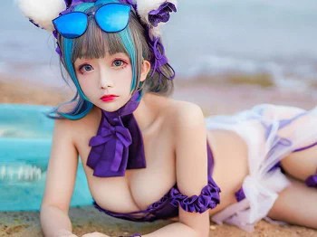 Cosplay日奈娇柴郡猫泳装主题沙滩性感比基尼秀完美身材白嫩美腿迷人写真41P