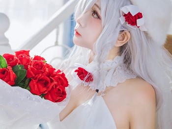 Cosplay美女日奈娇G36C礼服主题性感白色礼裙配白色蕾丝吊袜秀美腿诱惑写真40P